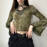Fongt Print Tie-Dye Color Long-Sleeved T-Shirt New V-Neck Y2K Crop Top-Outfit