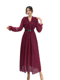 Fongt Autumn Station Temperament Retro Lotus Leaf Side Bubble Long Sleeve V Collar Thin A Word To Close The Waist 100-Fold Dress