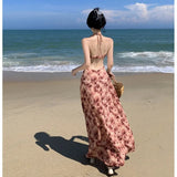 Fongt Photo Rose Vacation Style Hanging Ter Dress Retro Back Super Slim Slit Dress-Outfit
