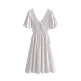 2022 New Women's Fashion Retro Bubble Sleeve Large V-neck Embroidery Hollow Elastic Waist