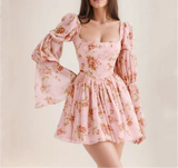 Floral Print Long Puff Sleeve Square Collar Mini Dress-Outfit