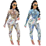 Mesh Sheer Print 2 Piece Sets Womens Outfits Long Sleeve Bodycon Bodysuit Top and Pants Leggings Set Clubwear Matching Sets-Outfit