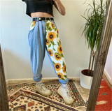 Woman Vintage High Waist Pants Fit Young Girls Cute Sunflower Stitching Pattern Autumn Winter Trousers Female