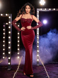 Wedding Guest Dress Women Autumn Maxi Elegant Velvet Prom Dresses Sexy Formal Occasion Party Dress With Lace Glove-Outfit