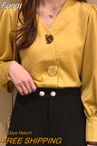 Lady Autumn Solid Women Blouses All-match Korean Tops V-neck Lantern Long Sleeve Clothes with Button Woman Shirt