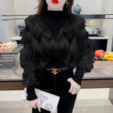 Tassel Korean Blouse Autumn Winter Fake Two Pieces Patchwork Women's Clothing Solid Color Casual Half High Collar Shirt-Outfit