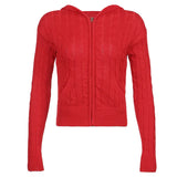 Fongt Hooded Zipper Cardigan Pocket Design Solid Color Sweater Coat Slim Short Style Top-Outfit