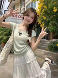 Round-Neck Short-Sleeved Sweater Women's Summer Korean Sweater Sweet Gentle Sweater Pull Rope Wrinkle Slim Bm Blouse-Outfit