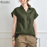 Summer Elegant Lapel Neck Solid Blouse Women Short Sleeve Solid Cotton Tops Casual Loose Blusas OL Work Shirt
