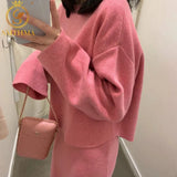 Women Long Sleeve Pullover Sweater And Bodycon Skirt Two Piece Set Office Wear Knitted Outfits Sweater Skirt