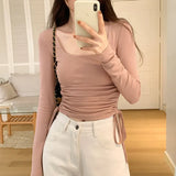 Girls' Solid Color Square Collar Long-Sleeved T-Shirt The New Autumn Style Is Slim, Slim And Underwear.-Outfit
