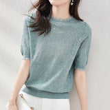 Patchwork T Shirt Women Thin Knitted Tshirt Summer Tops Tee Shirt Femme Short Sleeve T Shirts Womens Clothes Camiseta