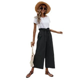 Fongt New Women's Summer Loose Waist Solid Cotton Belt Broad Leg Pants Loose Nine-Point Trousers Women