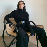 Elegant Soft Knitted Sets Women Autumn Winter Warm Casual Two Pieces Sweater and Pants Outfits Solid Tracksuit