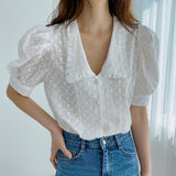 Summer Hollow Flower Lace Blouse Women Korean Chic Puff Short Sleeve Woman Shirt Peter Pan Collar Solid Loose Tops