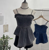Real Shoot Hottie Vintage Cowboy Sling Vest Irregular Wood Ear Short-Term Waist Sleeveless Top