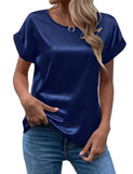 Women's Short-Sleeved Satin Shirt Loose Casual Round-Collar Satin T-Shirt Women's Spring / Summer 2024 New Style-Outfit