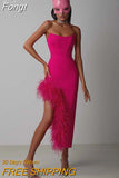 2023 New Summer Women'S Strapless Feather Design Sexy Tight Split Bandage Dress Elegant Celebrity Party Dress