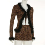 Tie Up Feather Leopard Print Tie Up Top And Mini Skirt Set-Outfit