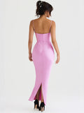 Satin Maxi Bodycon Dress Sexy Event Night Wedding Guest Dress Women Corset Party Dresses Pink Slit Dress High Quality-Outfit