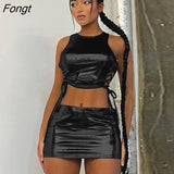 Baddie 2 Piece Sets Women Outfit 2023 Crop Top And Mini Skirt Set Y2K Sexy Night Club Rave Outfit Bandage Matching