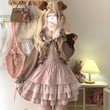 Cute Lolita Style Short Cardigan Women Gothic Y2k Bow Ruffles Lace-ups Knitted Coat Korean Fashion Casual Loose Crop Tops-Outfit