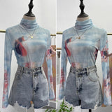 Autumn Single-Layer Mesh Base T Shirt Girls Printed Full Sleeve Turtleneck Tees Slim Women See Through Tshirts-Outfit