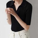 Fongt Simple And Fashionable POLO Collars Slime Short-Sleeved Knitted Shirt Women's Summer Leisure Temperament Gentle Wind Thin Top