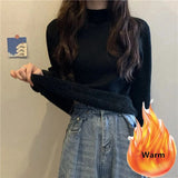 Women's Fall Winter Thicken Slim Sweater Casual Mock Neck Plus Velvet Knitted Tops Warm Soft Jumper Basic Knitwear Jumper