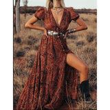 Fongt Summer Women's Sexy Print V-Neck Short-Sleeved Bohemian Holiday Dress