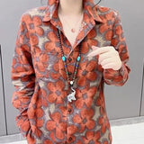 Vintage Flowers Printed Blouse Spring Autumn Long Sleeve Women's Clothing Casual Polo-Neck Commute Single-breasted Shirt-Outfit