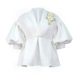 Fongt New Lantern Sleeve Top Temperament Style Suit Embroidery Women's Dress Tops