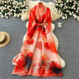 Fongt Dress Women's Fashion Collared Belt Long Pressured Folding Printing Jacket
