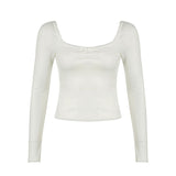 Solid Color Square Neck Lace Trim Bow Tee-Outfit