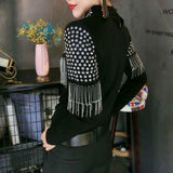 Style Slim Chic Rivet T-shirt Fashion Solid Color Spring Autumn Tassel Women's Clothing Stand Collar Cut Out Pullovers 2023-Outfit