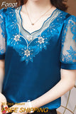 Neck Fashion Lace Satin Blouses Flower Embroidery Elegant 2023 Woman Summer Silk Short Sleeve Shirts Youth Top Blusas