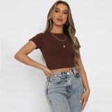 Fongt Fashion Solid Color Short Crop Casual Jacket Elastic Slim Round Collar T Shirt
