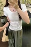 Elastic Skin-Friendly Threaded Straight Shoulder Low Round Collar Short-Sleeved T-Shirt New Summer Slim Blouse With Thin