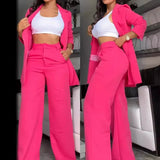 Fongt Women's Temperament Elegant Solid Color Open Slit Sleeve Lapel Suit Bag Straight Pants