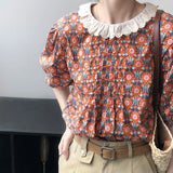Floral Women Short Shirts Short Sleeves Lace Up Neck Korean Chic Lady Blouse Patchwork Female Outwear
