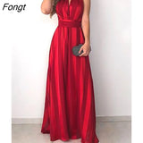 V Neck Sleeveless Maxi Party Dress Women Tied Detail Elegant Long