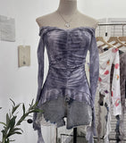 Real Shot One-字 Collared Shoulder Long-Sleeved Mesh Printing Top Irregularly Folded Lotus Leaves With Short T-Shirt