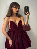 Velvet V-Neck Backless Strap Mini Dress-Outfit