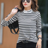Striped T Shirts Women Cotton Letter Embroidery Slim Long Sleeve Spring Autumn Korean Casual Tshirt Half High Collar