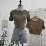 Real Shooting 2024 Summer Denim Splicing Mesh Yarn Short-Sleeved T-Shirt Design Fake Two Hot Girl Short Top