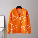 Women's Knitting Print Sweater Color Heart Single-Breasted Button Loose Casual Knitted Cardigan Sweaters Autumn V-neck