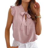 Women Blouses Short Sleeves Shirt Summer Bow Lace Up Polka Dot Female Tops Ruffle Pullover Vintage