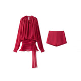 Fongt Folding Ribbon Design Loose Waist Mini Dress Shorts Set 2025 Spring And Summer Street Fashion Woman