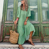 Puff Sleeve Long Dress Women Elegant Printed V-Neck Maxi Dresses Boho Drawstring Loose Holiday Beach Dress Vestidos
