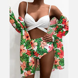 2024 New Bikini Gathering Sexy Mesh Three-Piece Set Of Split-Print Swimsuit